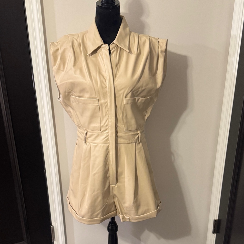 Grey Lab Los Angeles Faux Leather Utility Romper Beige Size L